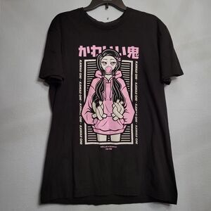 Kawaii Oni Hello Senpai Anime Girl Pink Bubblegum Black T-Shirt LARGE